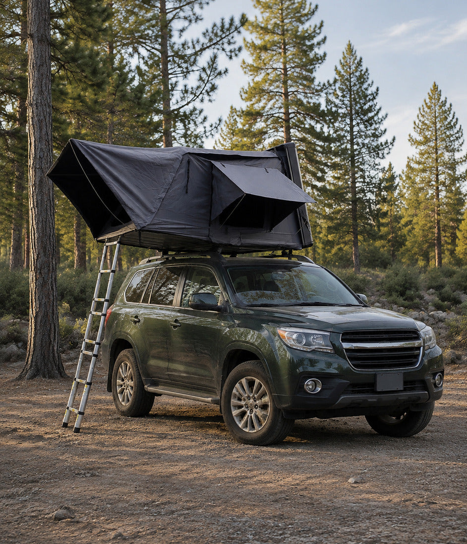 TrailNest Panorama side-fold rooftop tent in a wide-ratio mobile trial composition