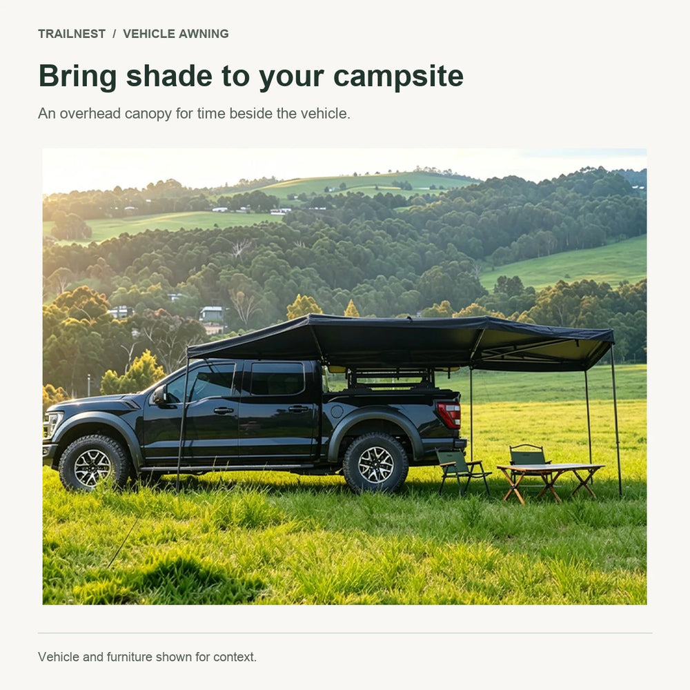 Bring shade to your campsite - vehicle-mounted fan awning shown in supplier source photo