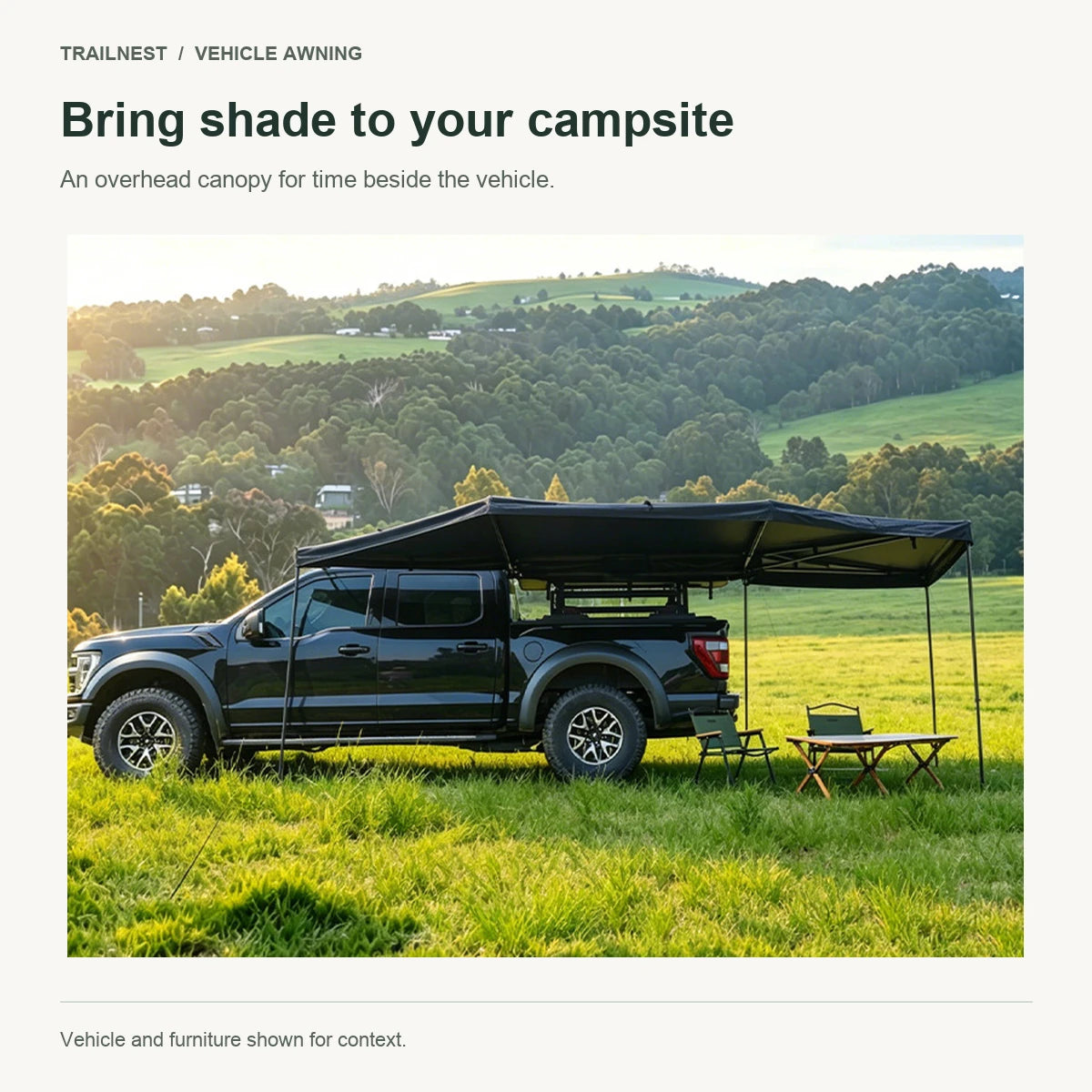 Bring shade to your campsite - vehicle-mounted fan awning shown in supplier source photo
