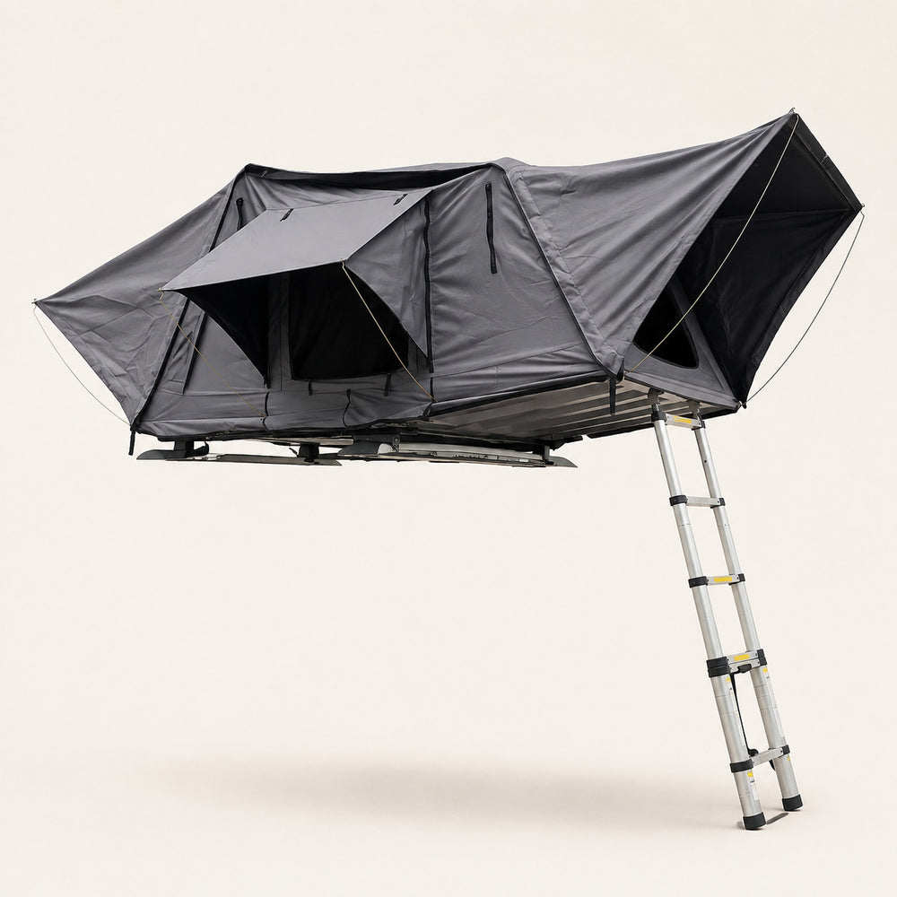 TrailNest Panorama side-fold rooftop tent open on a warm white background