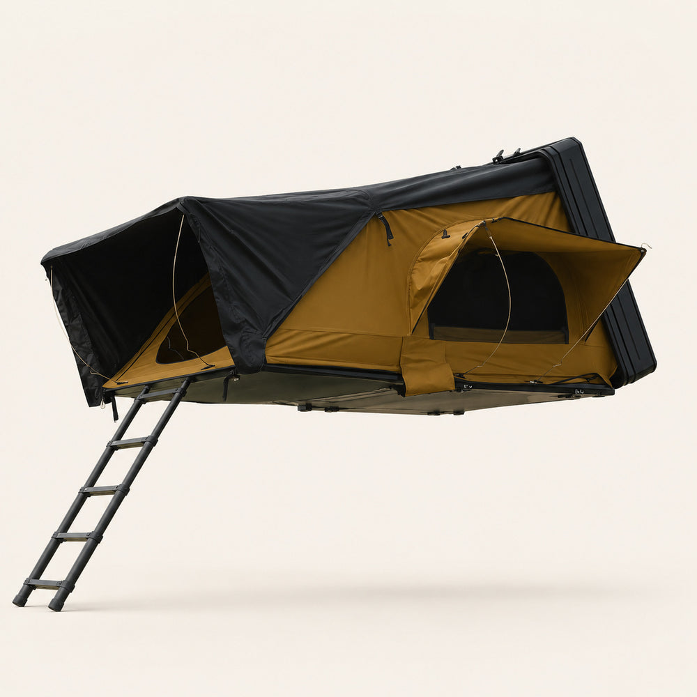 TrailNest side-opening aluminum rooftop tent shown fully open against a warm-white background