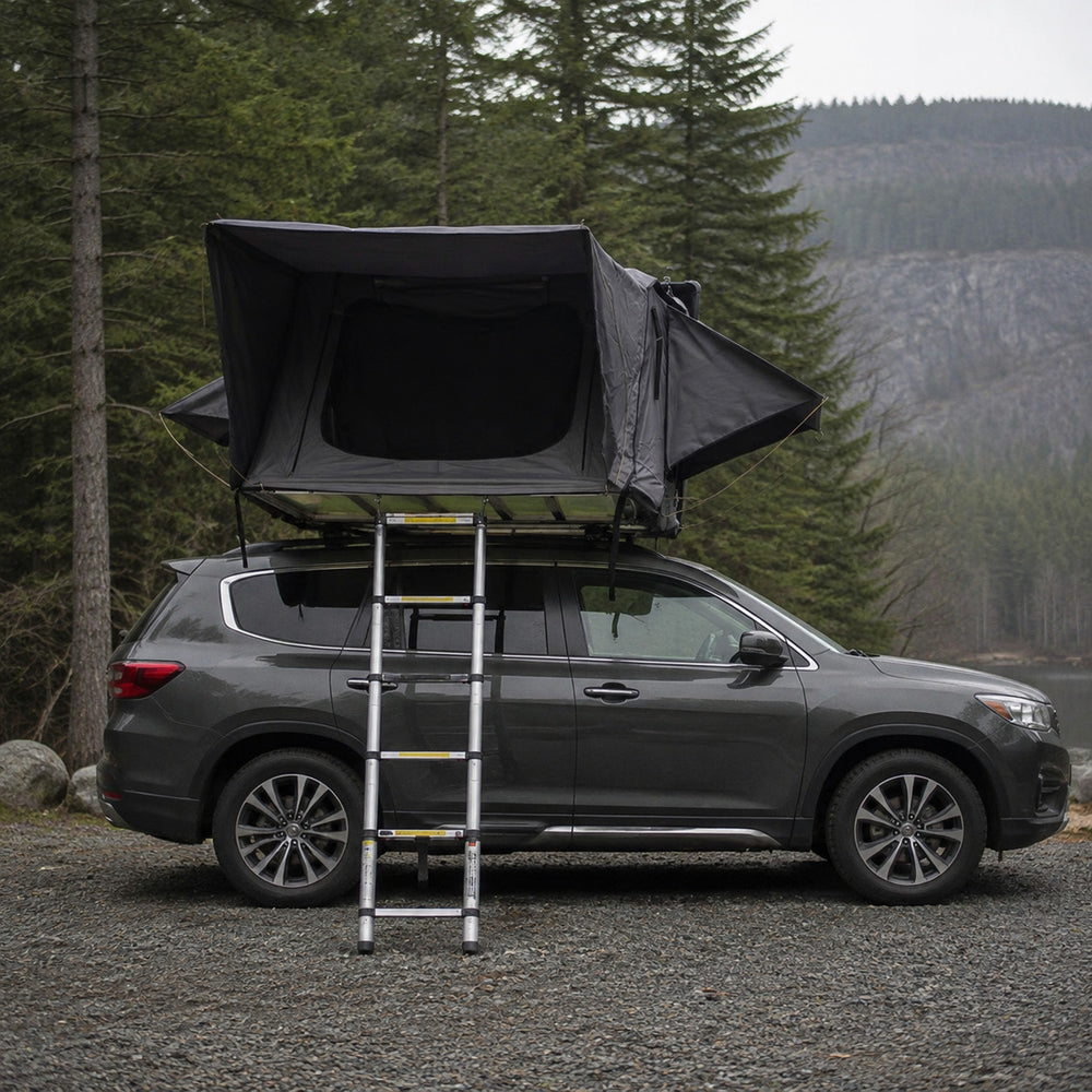 Front entry view of the TrailNest Panorama rooftop tent with telescoping ladder