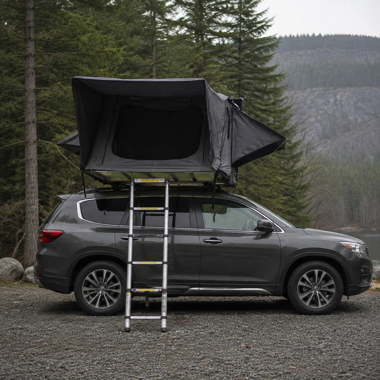 Front entry view of the TrailNest Panorama rooftop tent with telescoping ladder