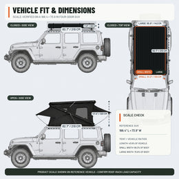TrailNest Z-frame rooftop tent vehicle fit and dimensions for two width options
