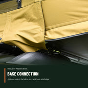 Close view of the TrailNest rooftop tent fabric skirt meeting the hard-shell base