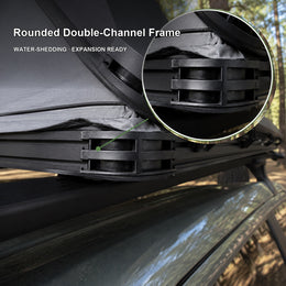 Rounded double-channel aluminum frame detail on the TrailNest rooftop tent