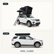 TrailNest Z-frame rooftop tent shown open and closed on a white SUV