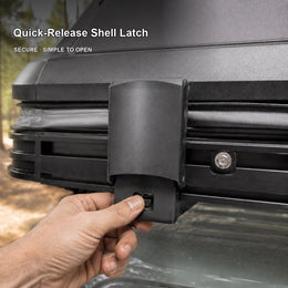Quick-release shell latch detail on the TrailNest aluminum rooftop tent