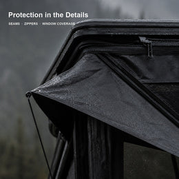 Weather-protected seams, zippers and windows on the Z-frame rooftop tent