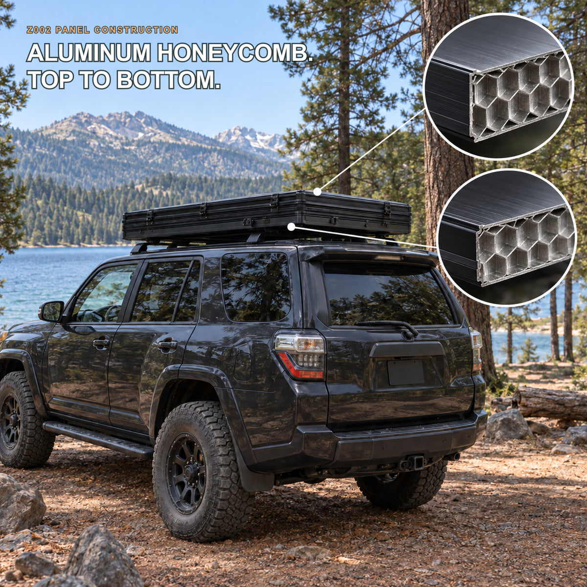 Aluminum honeycomb construction in the TrailNest rooftop tent top shell and lower base