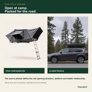 Open and closed comparison of the TrailNest Panorama side-fold rooftop tent