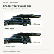 2 m and 2.5 m base fan awning options shown with supplier-mapped photographs
