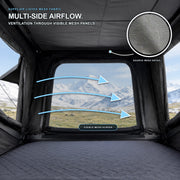 Multi-side airflow through a visible mesh opening in the TrailNest rooftop tent