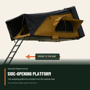 TrailNest side-opening rooftop tent with one continuous ladder and a platform unfolding from the vehicle side