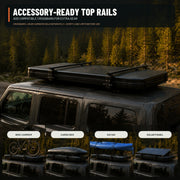 Accessory-ready rooftop tent top rails for compatible crossbars and gear carriers