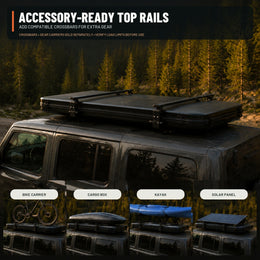 Accessory-ready rooftop tent top rails for compatible crossbars and gear carriers