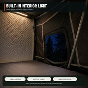 Visible built-in light bar illuminating the TrailNest Panorama rooftop tent interior at night