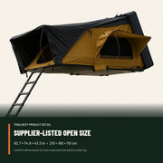 TrailNest rooftop tent with supplier-listed open dimensions of 82.7 by 74.8 by 43.3 inches