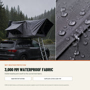 TrailNest Panorama rooftop tent in steady rain with water-beading fabric and supplier-listed 3,000 mm water resistance