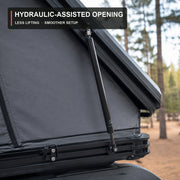 Hydraulic support strut assists opening the TrailNest Wedge 132 hard-shell rooftop tent