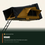 Khaki color option shown fully open on the TrailNest side-opening aluminum rooftop tent