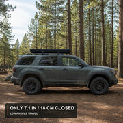 TrailNest Wedge 132 rooftop tent closed to an 18 cm low-profile travel height