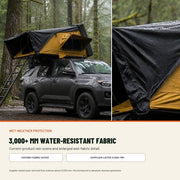 TrailNest rooftop tent rain scene and wet-fabric detail with supplier-listed water resistance above 3000 millimeters