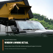 Real-product close view of the TrailNest rooftop tent window awning and visible support structure