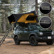 TrailNest rooftop tent with user-confirmed aluminum honeycomb construction in the upper shell and lower base