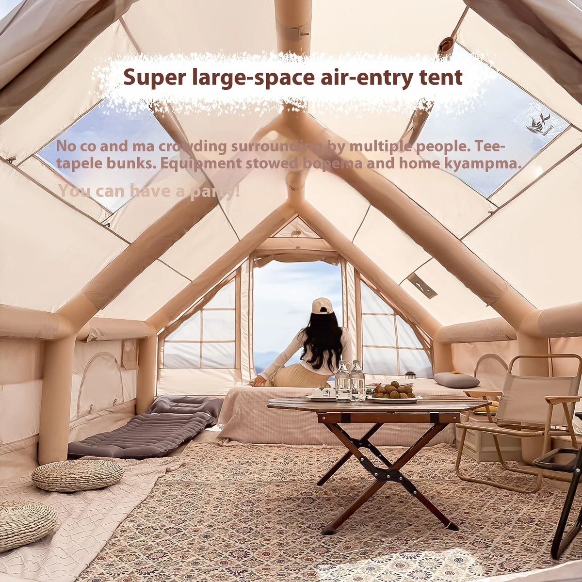 Interior of TrailNest Four-Season Inflatable Cabin Tent showing air beams and a sleeping area