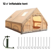 TrailNest Four-Season Inflatable Cabin Tent shown with a pump and stakes