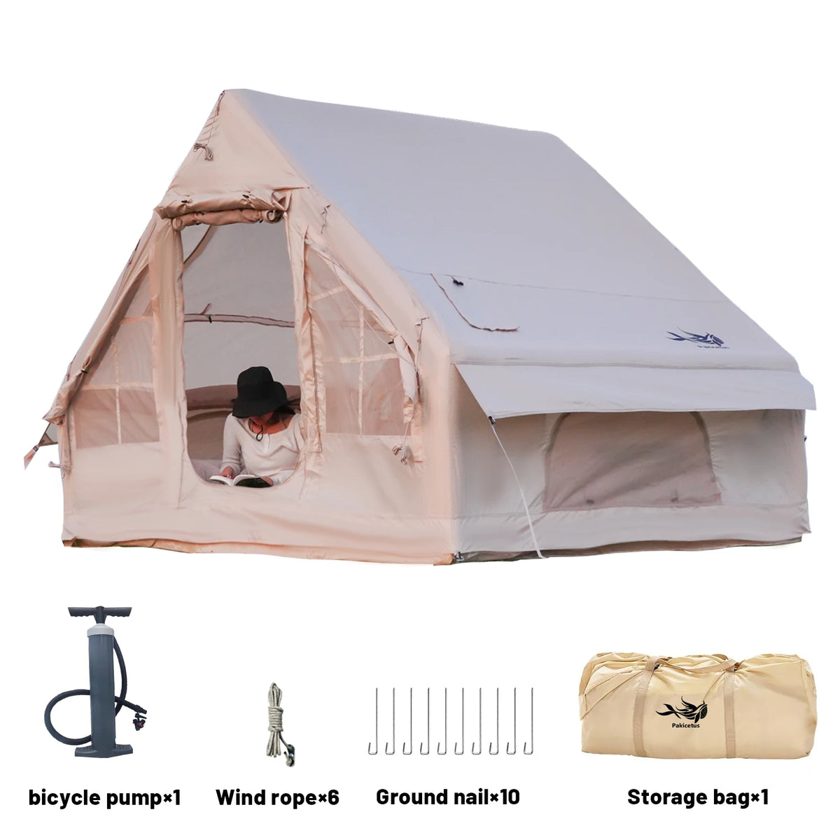 TrailNest Four-Season Inflatable Cabin Tent shown with a pump, stakes, ropes, and storage bag