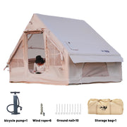 TrailNest Four-Season Inflatable Cabin Tent shown with a pump, stakes, ropes, and storage bag