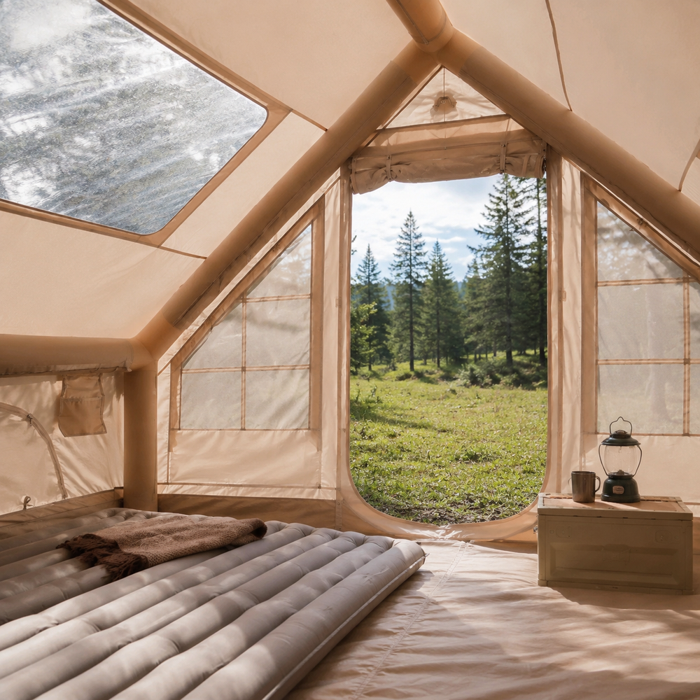 TrailNest inflatable cabin tent interior with queen mattress and warm camping gear