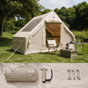 TrailNest inflatable cabin tent packed bag with pump and stakes