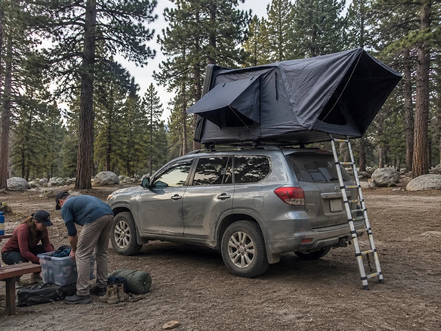 TrailNest Panorama Making camp overview AI scene concept