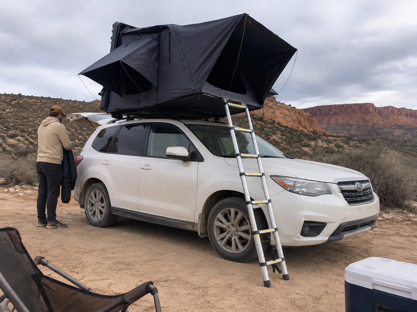 TrailNest Panorama High-desert base camp entry AI scene concept