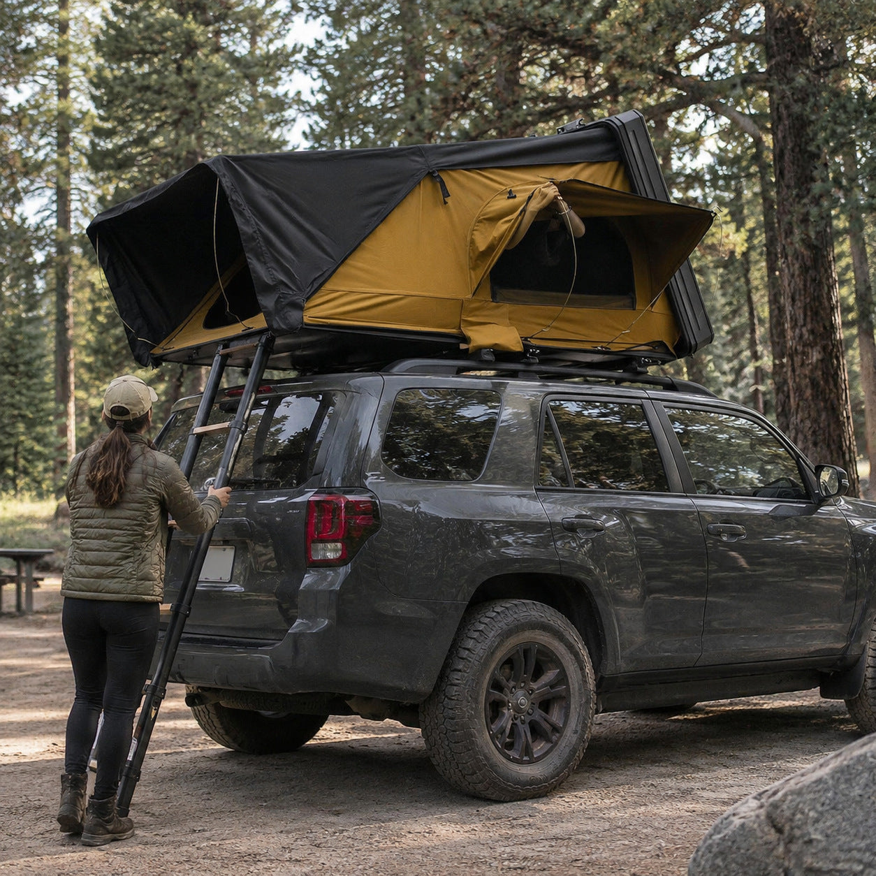 TrailNest rooftop tent campsite in a pine forest at dusk.
