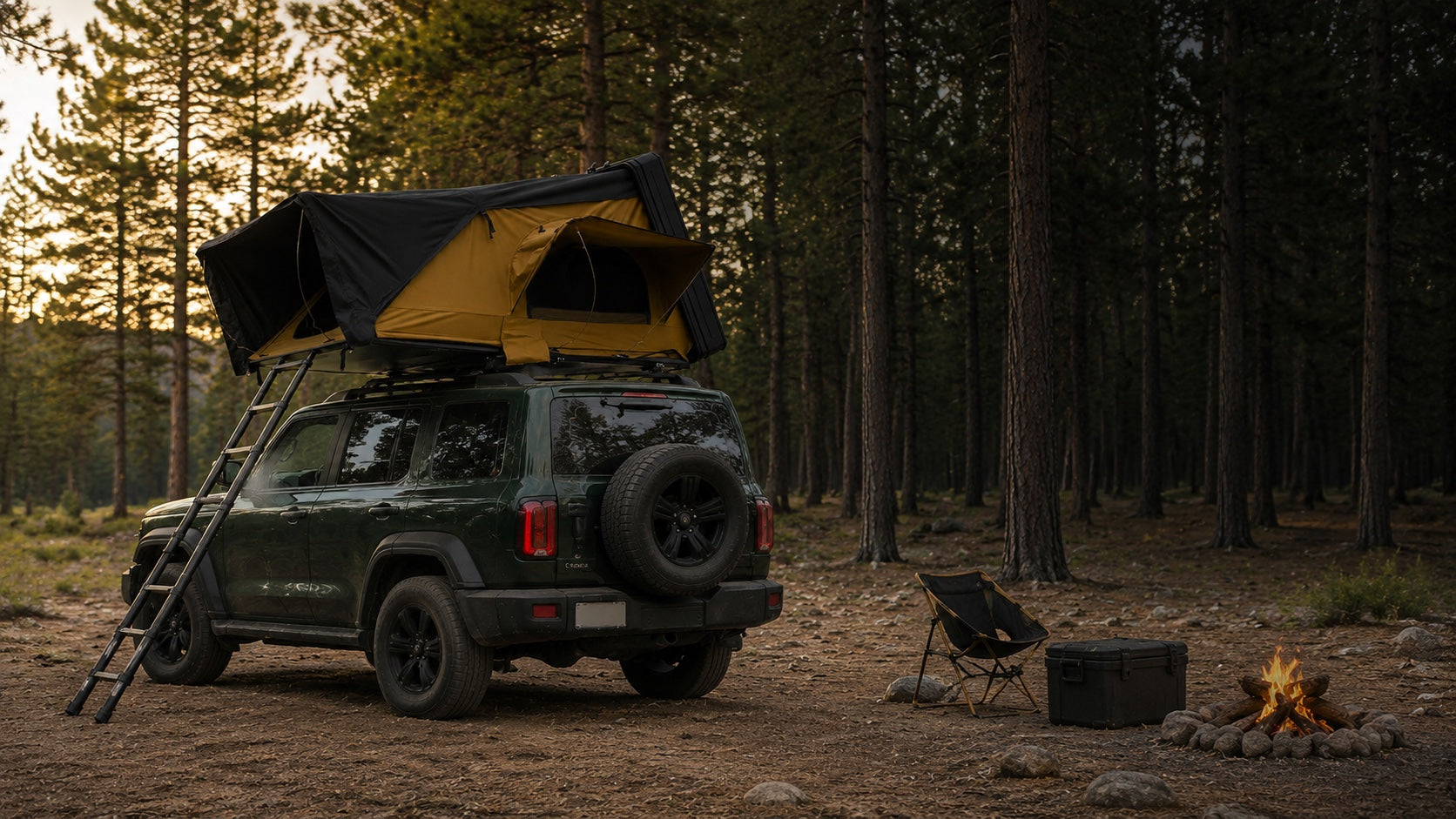 TrailNest side-opening rooftop tent on a dark green SUV at a pine forest campsite.