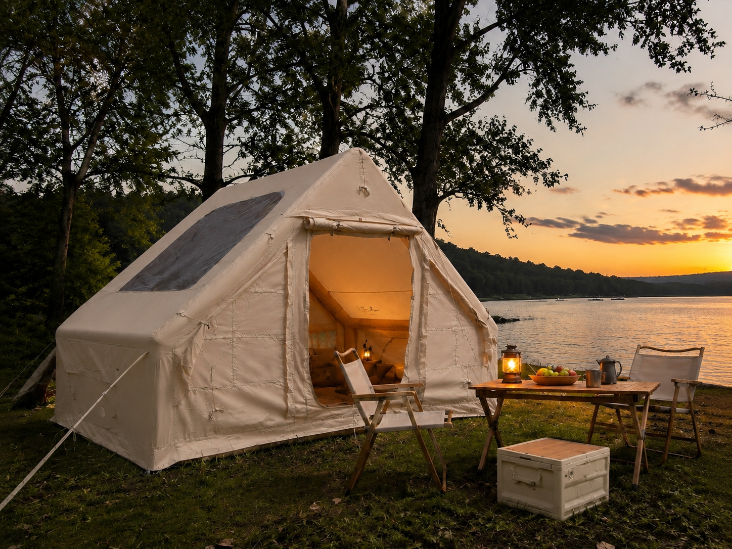 TrailNest inflatable cabin tent beside a lake at sunset
