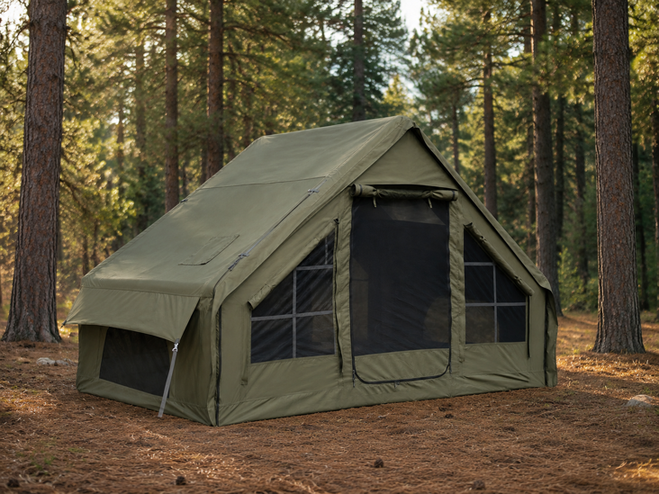 Olive green TrailNest six-person inflatable cabin tent pitched on grass outdoors