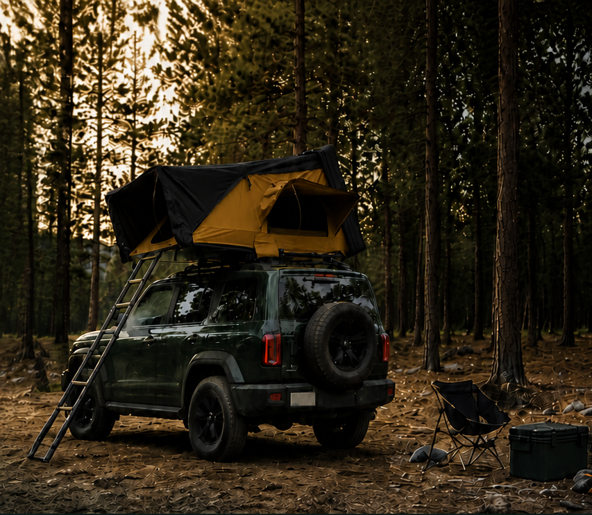 TrailNest side-opening rooftop tent fully set up on a dark green SUV at a pine forest campsite