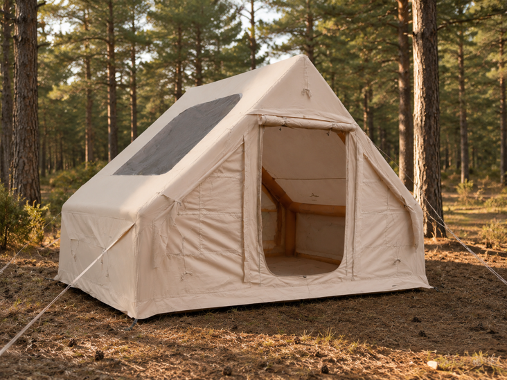 TrailNest Skylight inflatable cabin tent at a pine forest campsite