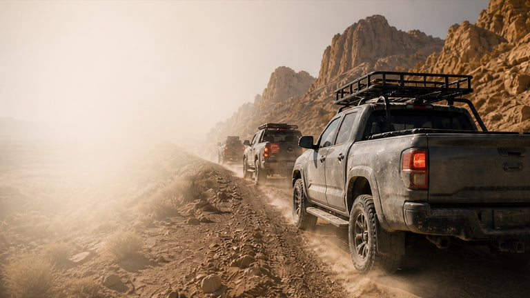 Pickup convoy traveling through a dusty desert canyon