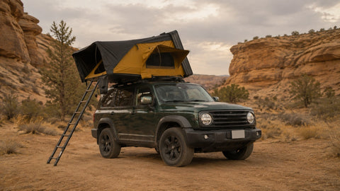 SIDE-OPENING rooftop tent in a desert overland setting
