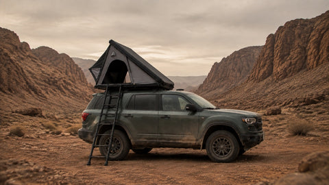 WEDGE 132 rooftop tent in a desert overland setting