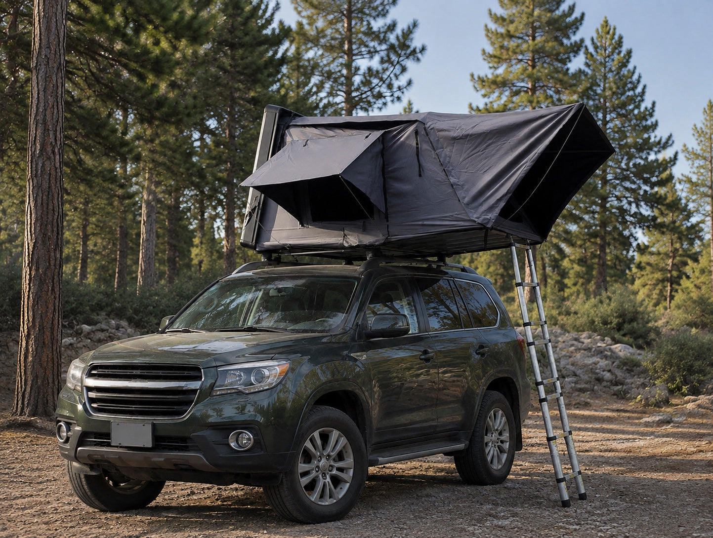 Panorama side-fold rooftop tent mounted on an SUV in a forest