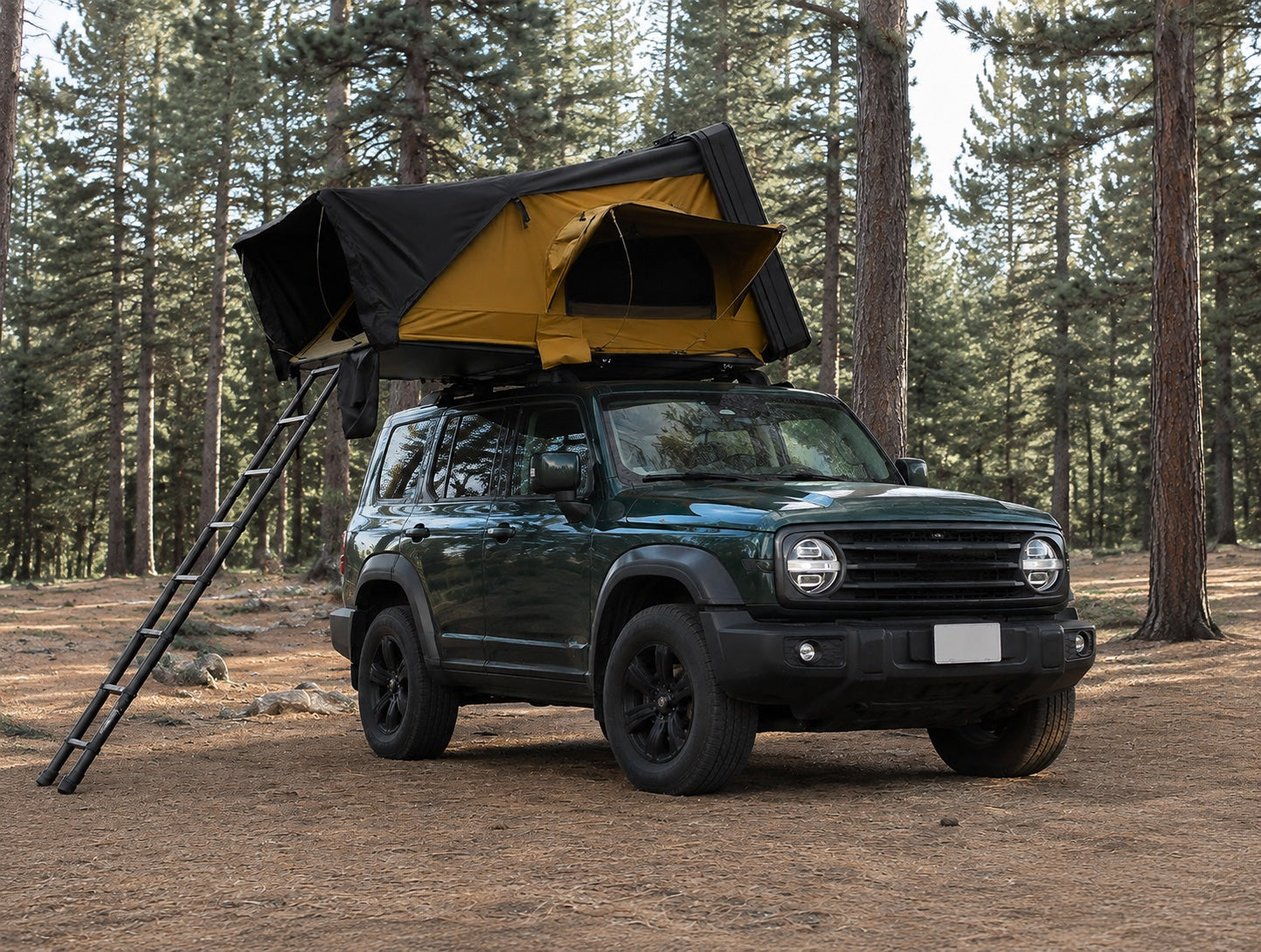 Side-opening aluminum rooftop tent mounted on an SUV in a forest
