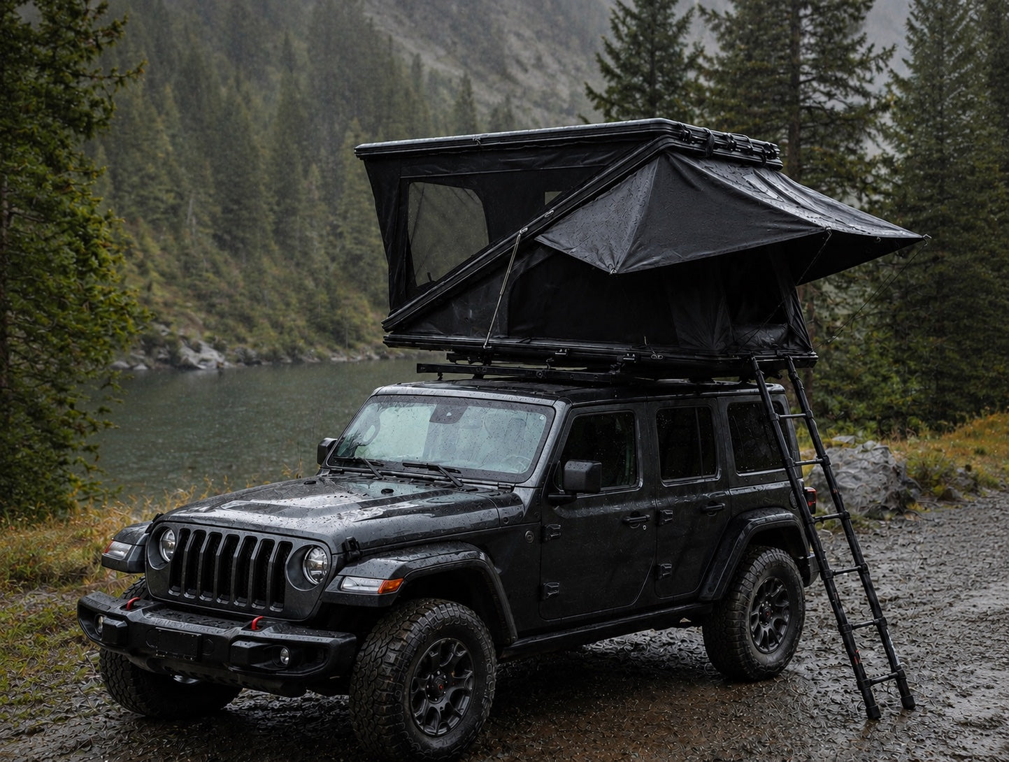 Z-Frame automatic rooftop tent mounted on a vehicle by a mountain lake