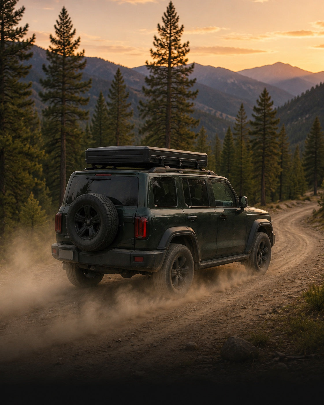 A dark green SUV carrying the closed TrailNest aluminum rooftop tent leaves town on a mountain road.